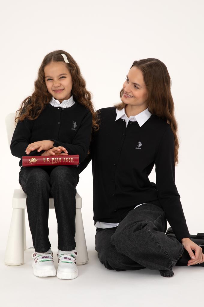 Kız Çocuk Siyah Düğmeli Bisiklet Yaka Triko Hırka