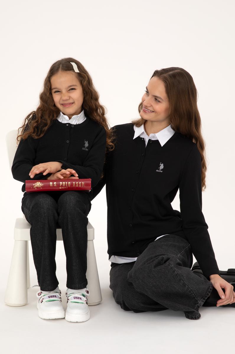 Kız Çocuk Siyah Düğmeli Bisiklet Yaka Triko Hırka