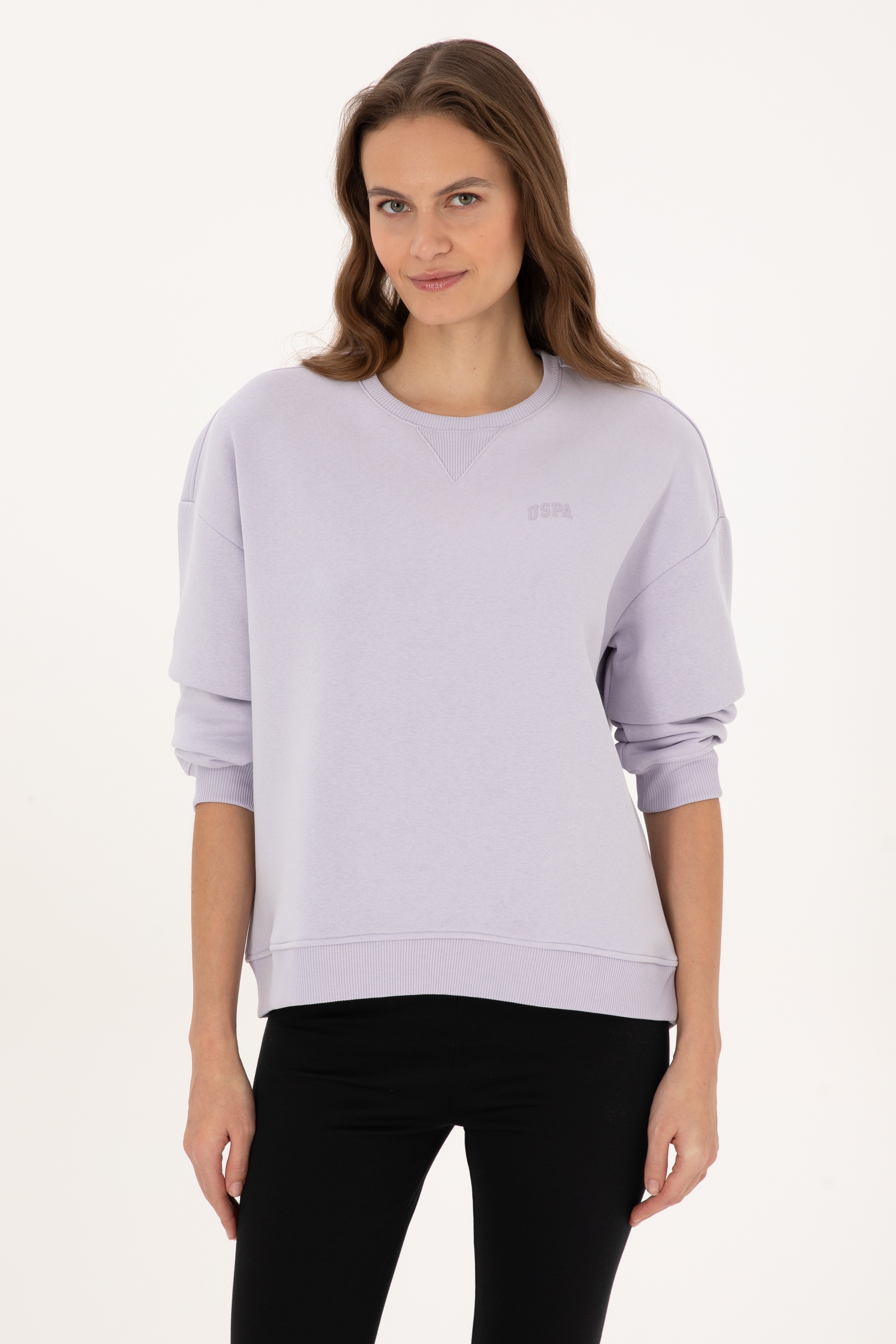 Kadın Lavanta Şardonlu Bisiklet Yaka Basic Sweatshırt - Image 1