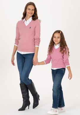 Kız Çocuk Pembe V Yaka Basic Kazak - 50316777046