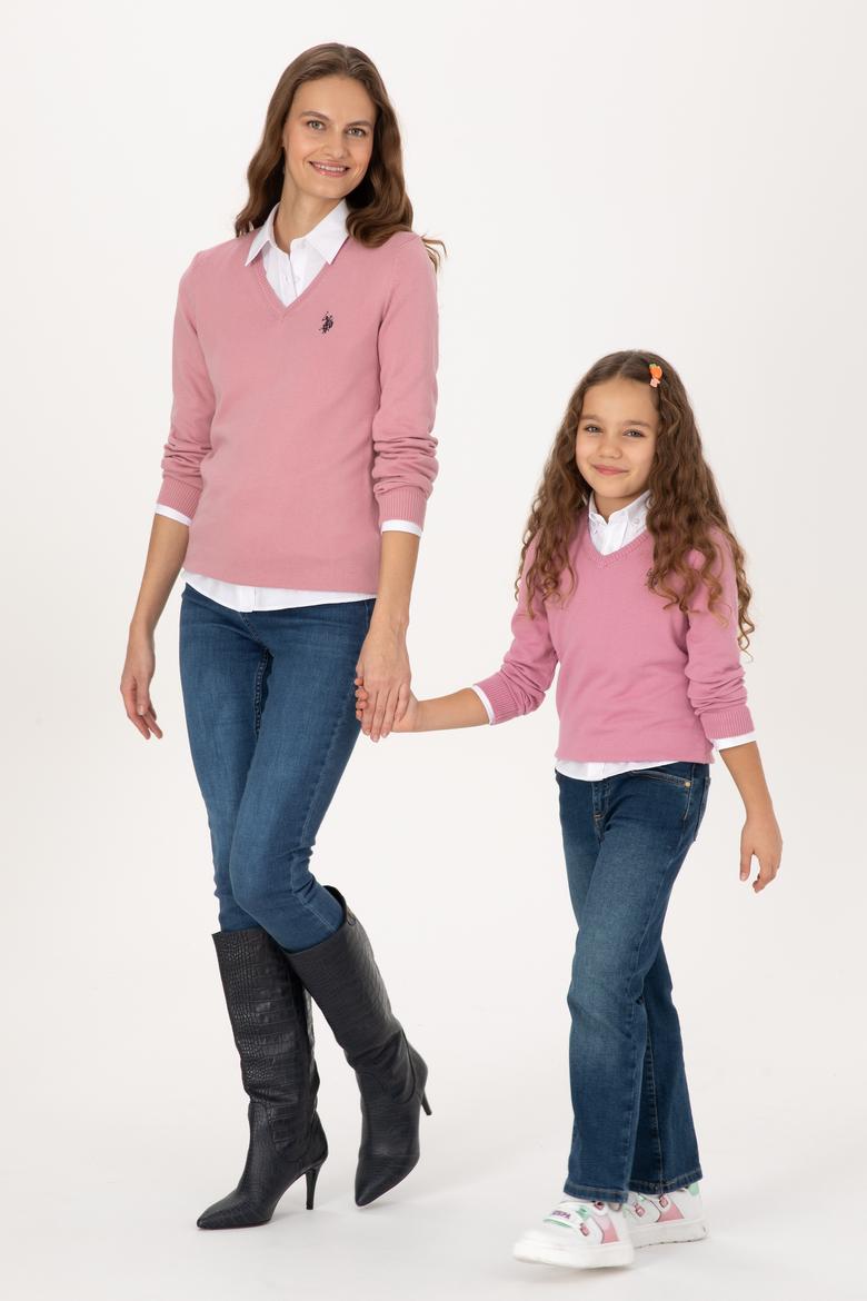 Kız Çocuk Pembe V Yaka Basic Kazak - 50316777046