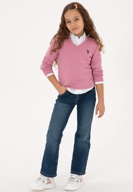 Kız Çocuk Pembe V Yaka Basic Kazak - 50316777046