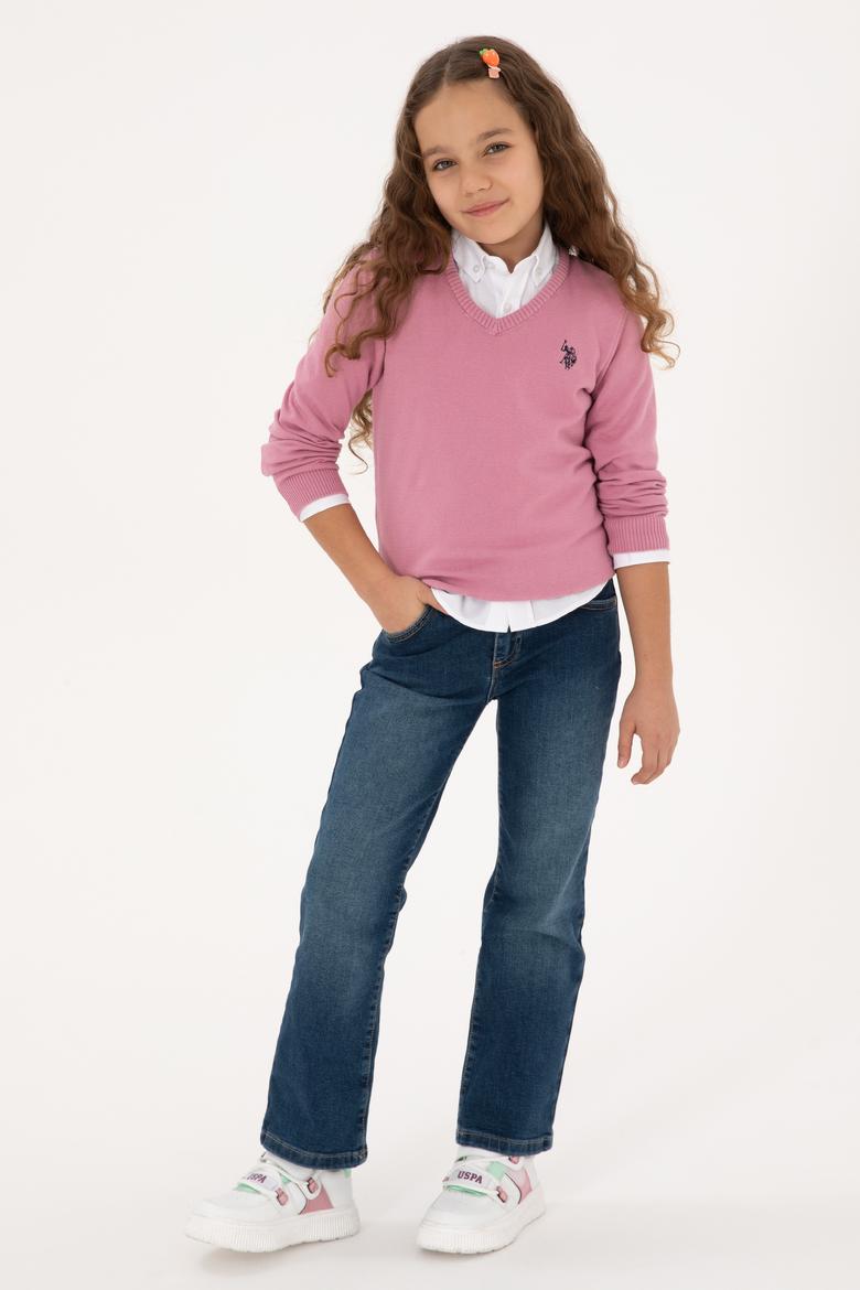 Kız Çocuk Pembe V Yaka Basic Kazak - 50316777046