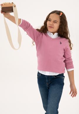 Kız Çocuk Pembe V Yaka Basic Kazak - 50316777046