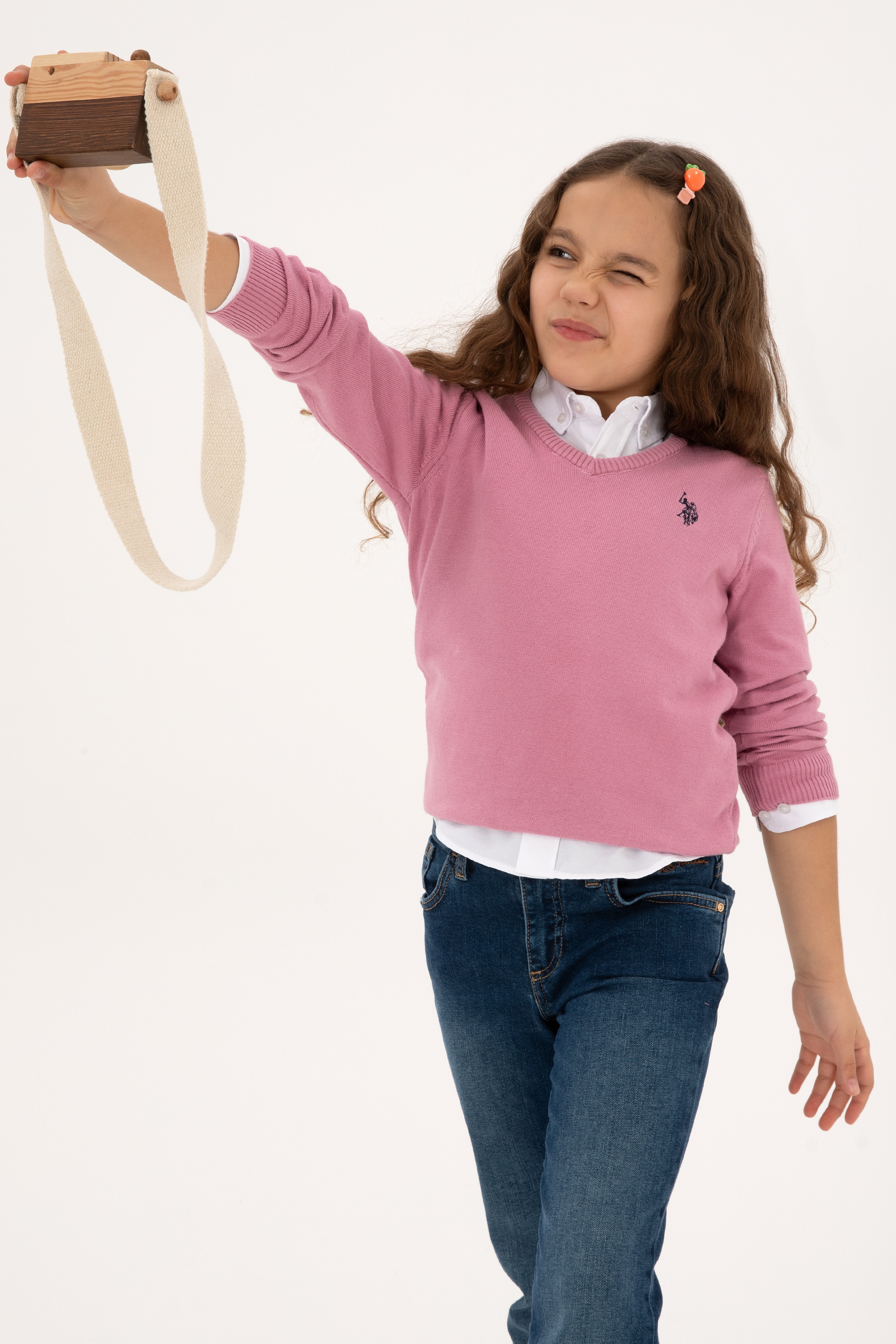 Kız Çocuk Pembe V Yaka Basic Kazak - Image 1