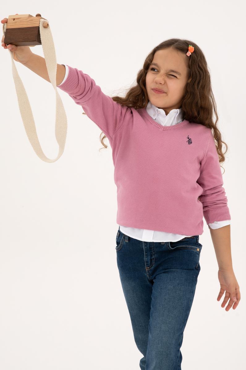 Kız Çocuk Pembe V Yaka Basic Kazak