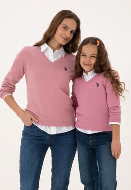 Kız Çocuk Pembe V Yaka Basic Kazak - 50316777046