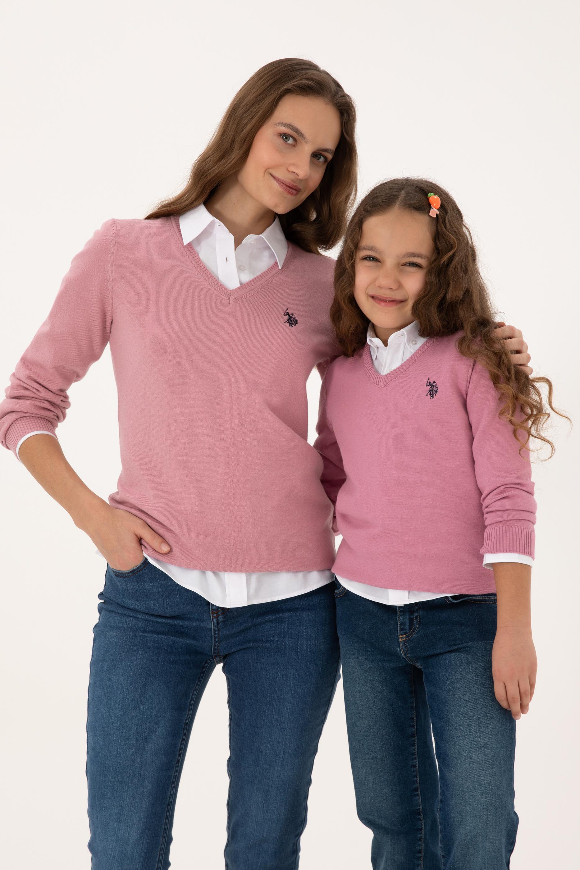 Kız Çocuk Pembe V Yaka Basic Kazak