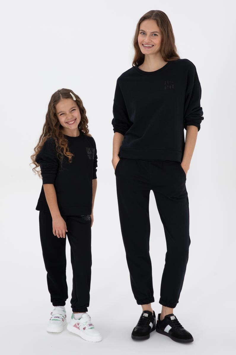 Kız Çocuk Siyah Simli Baskı Detaylı Bisiklet Yaka Basic Sweatshirt