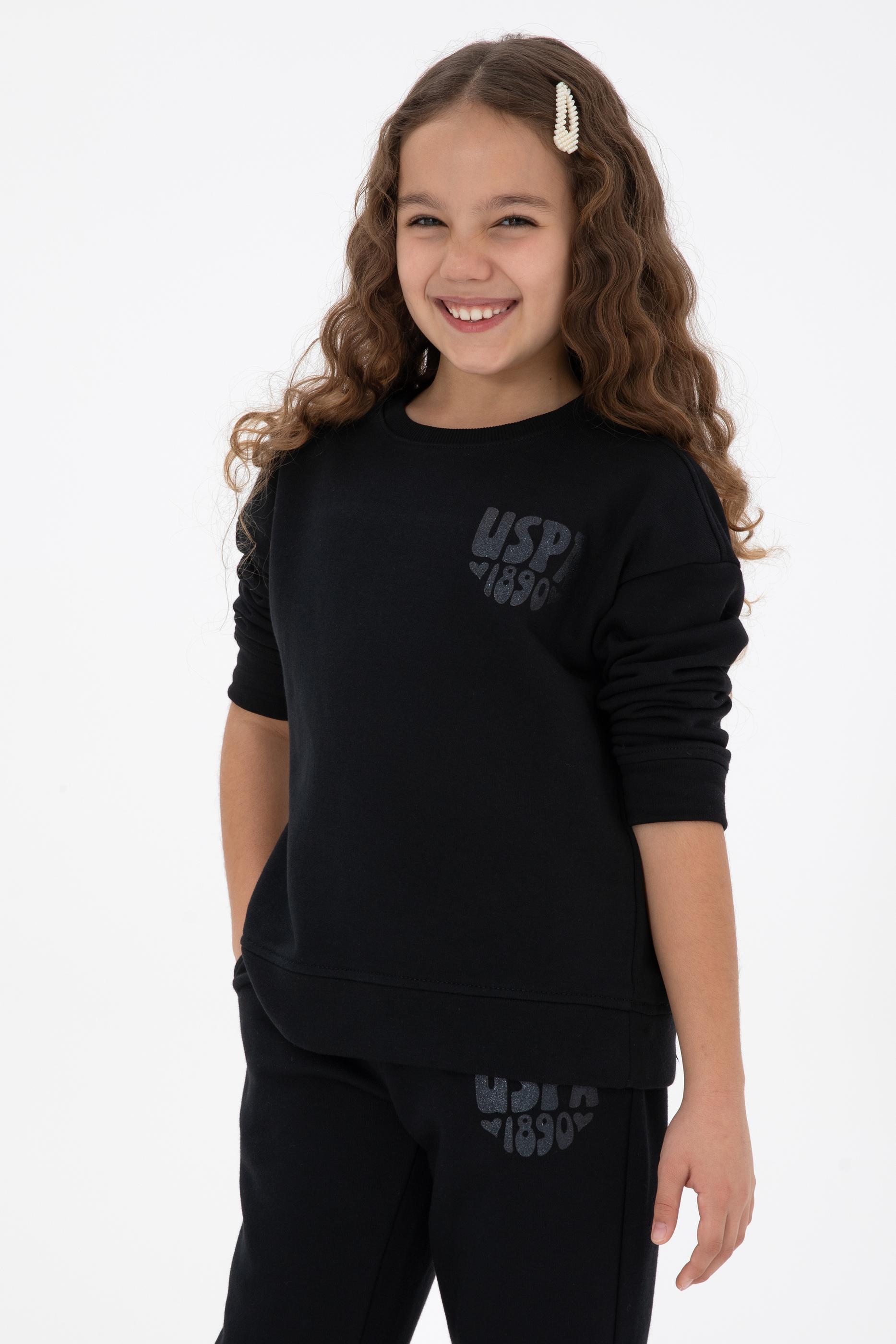 Kız Çocuk Siyah Simli Baskı Detaylı Bisiklet Yaka Basic Sweatshirt