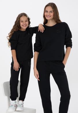 Kız Çocuk Siyah Simli Baskı Detaylı Bisiklet Yaka Basic Sweatshirt - 50314289023