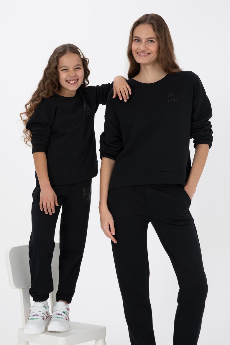 Kız Çocuk Siyah Simli Baskı Detaylı Bisiklet Yaka Basic Sweatshirt