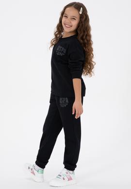 Kız Çocuk Siyah Simli Baskı Detaylı Bisiklet Yaka Basic Sweatshirt - 50314289023