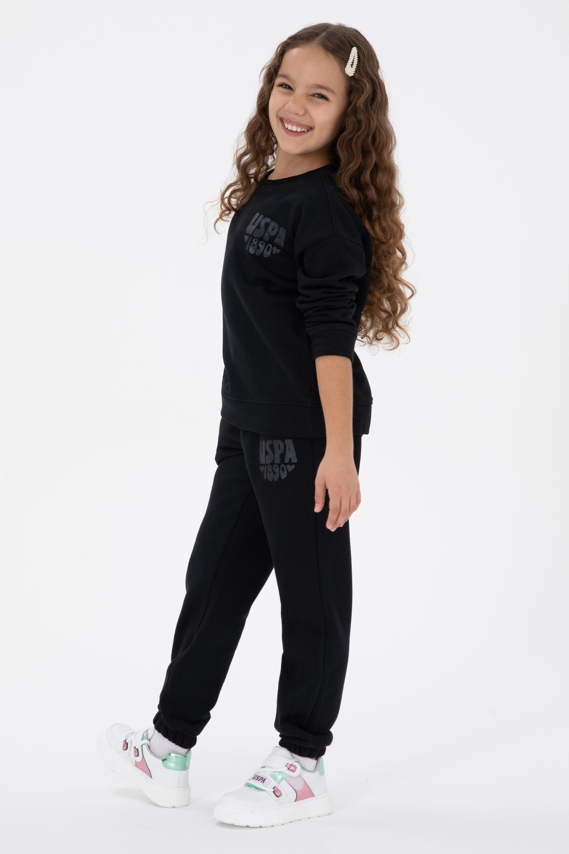 Kız Çocuk Siyah Simli Baskı Detaylı Bisiklet Yaka Basic Sweatshirt