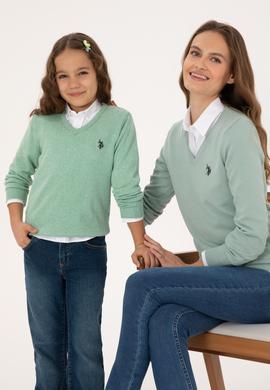 Kız Çocuk Yeşil Melanj V Yaka Basic Kazak - 50316777044