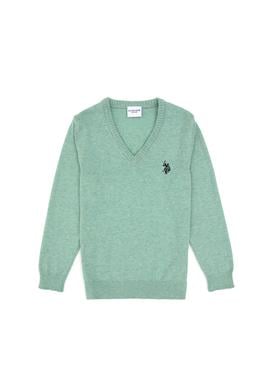 Kız Çocuk Yeşil Melanj V Yaka Basic Kazak - 50316777044