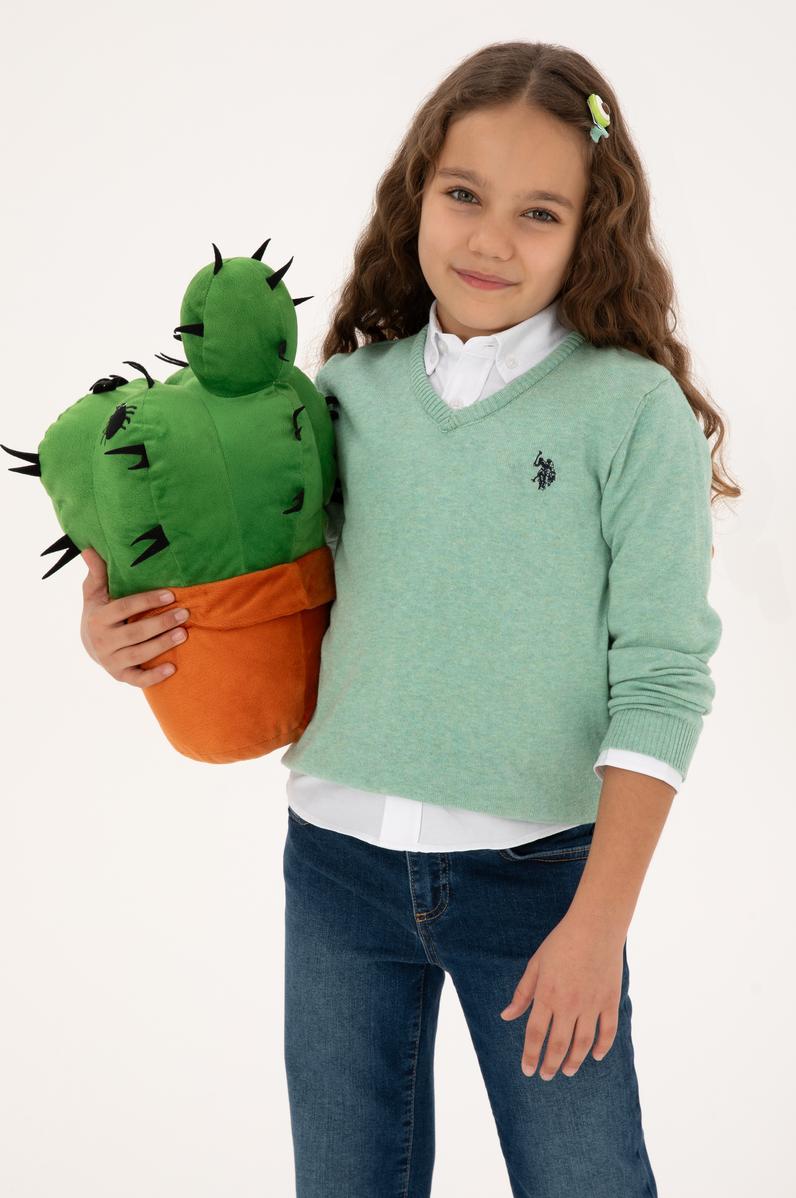 Kız Çocuk Yeşil Melanj V Yaka Basic Kazak