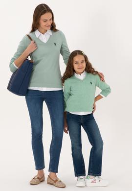 Kız Çocuk Yeşil Melanj V Yaka Basic Kazak - 50316777044