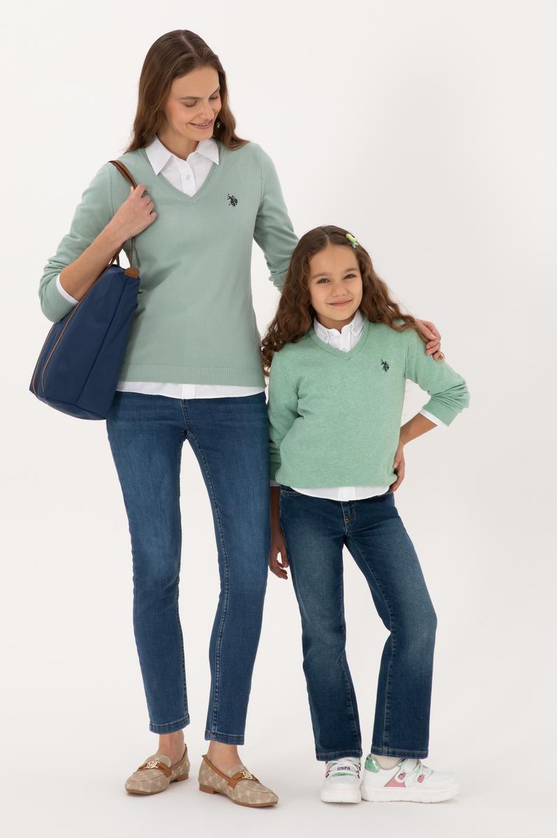 Kız Çocuk Yeşil Melanj V Yaka Basic Kazak