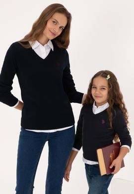 Kız Çocuk Lacivert V Yaka Basic Kazak - 50316777020