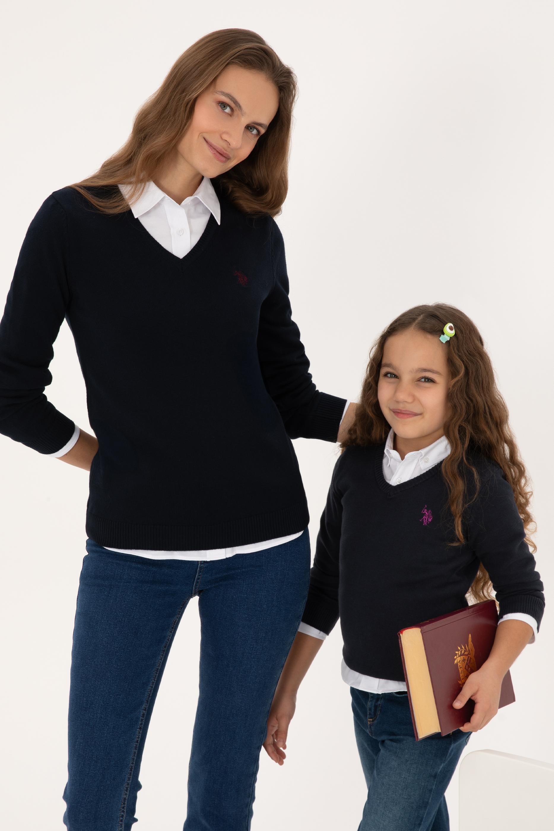 Kız Çocuk Lacivert V Yaka Basic Kazak