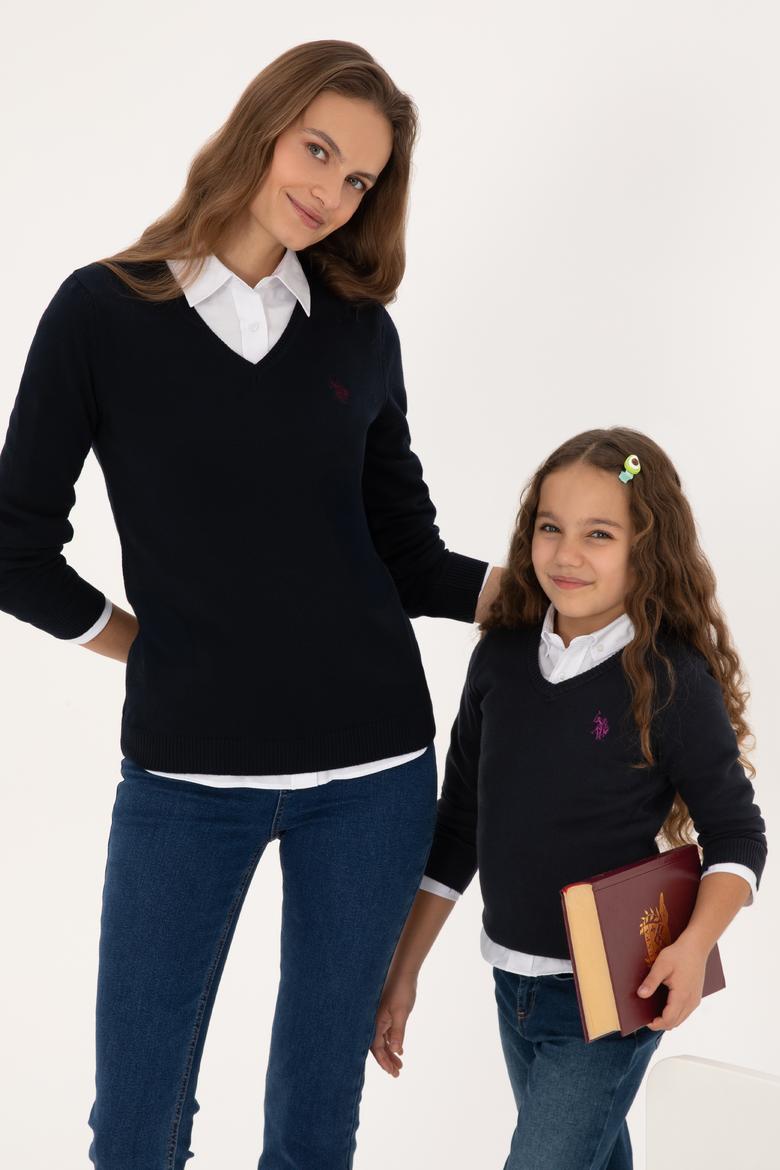 Kız Çocuk Lacivert V Yaka Basic Kazak - 50316777020