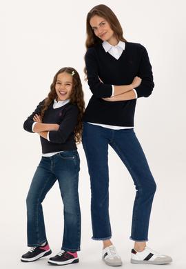 Kız Çocuk Lacivert V Yaka Basic Kazak - 50316777020