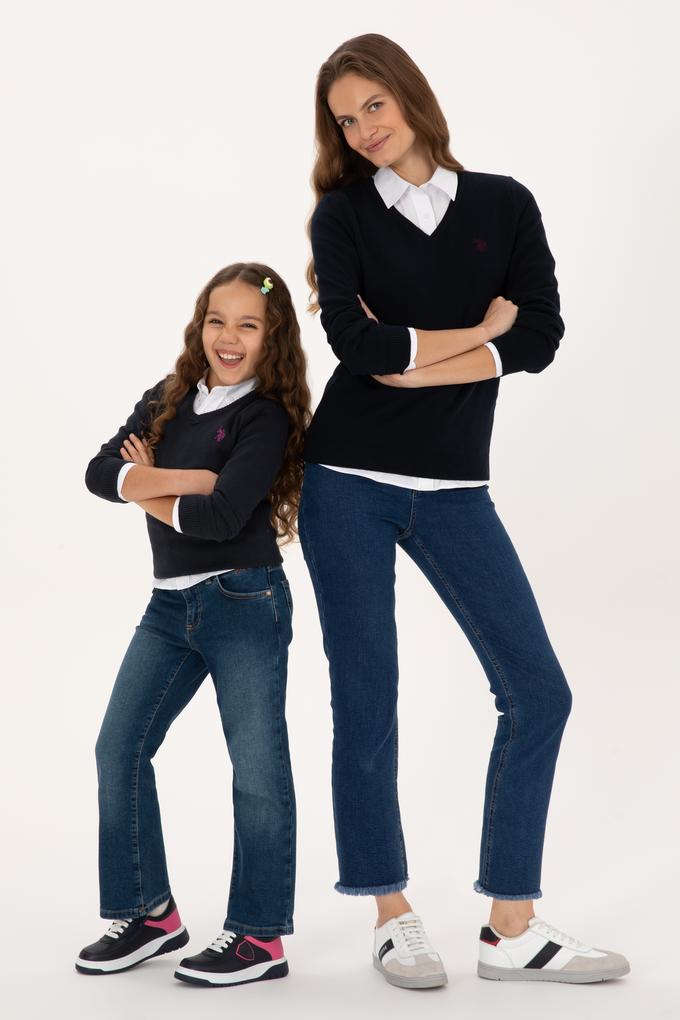 Kız Çocuk Lacivert V Yaka Basic Kazak