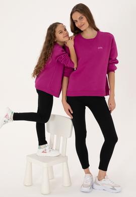 Kız Çocuk Fuşya Şardonlu Bisiklet Yaka Basic Sweatshirt - 50316810002