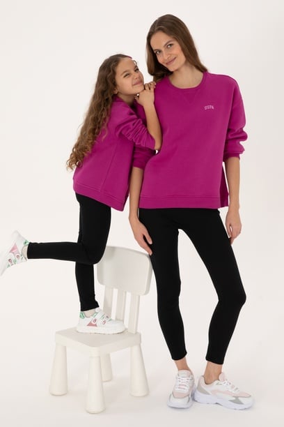 Kız Çocuk Fuşya Şardonlu Bisiklet Yaka Basic Sweatshirt