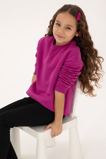 Kız Çocuk Fuşya Şardonlu Bisiklet Yaka Basic Sweatshirt