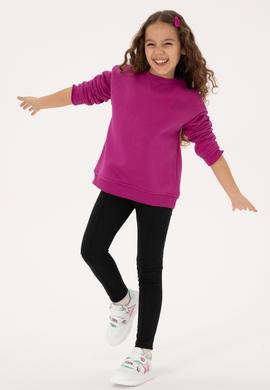 Kız Çocuk Fuşya Şardonlu Bisiklet Yaka Basic Sweatshirt - 50316810002