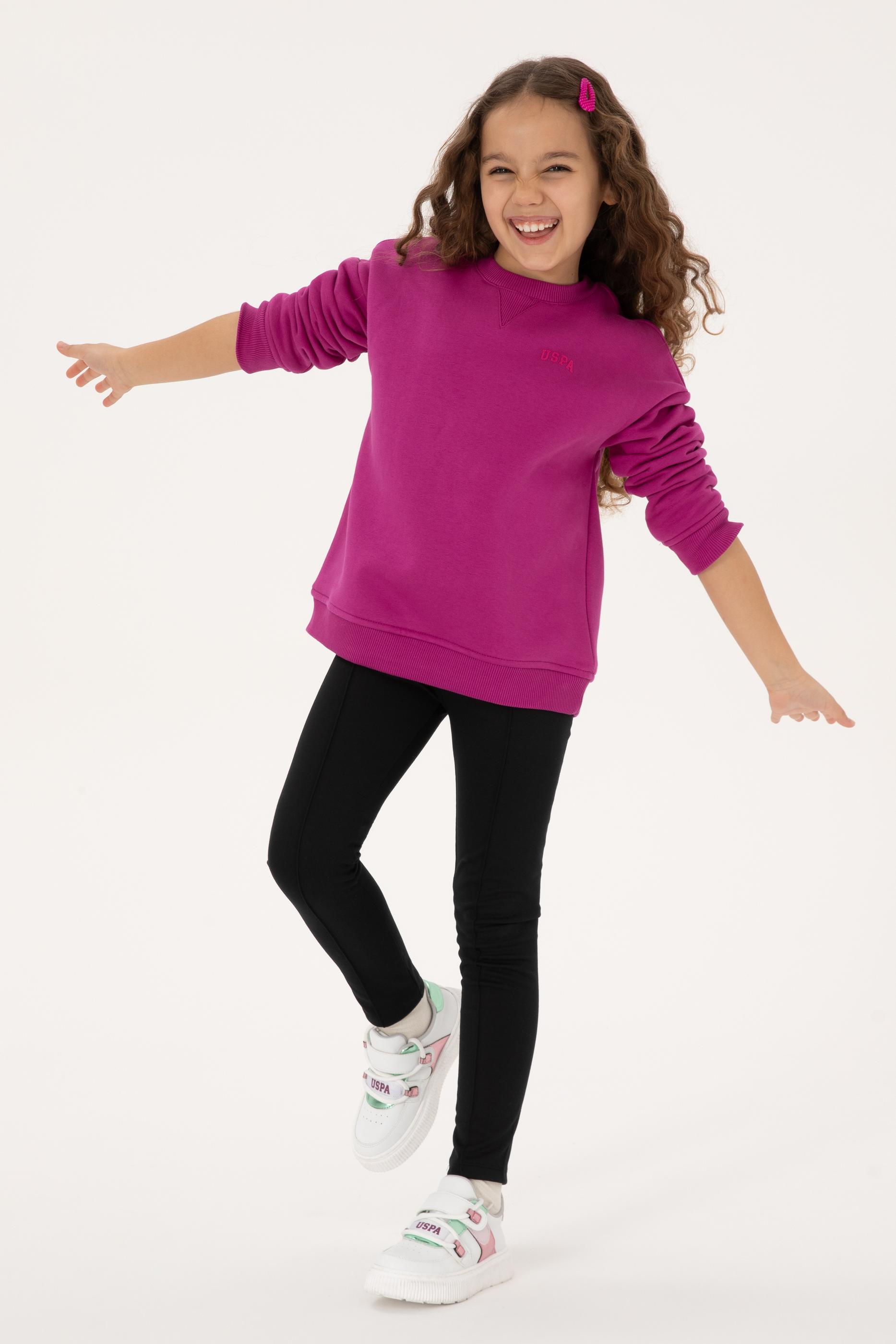 Kız Çocuk Fuşya Şardonlu Bisiklet Yaka Basic Sweatshirt