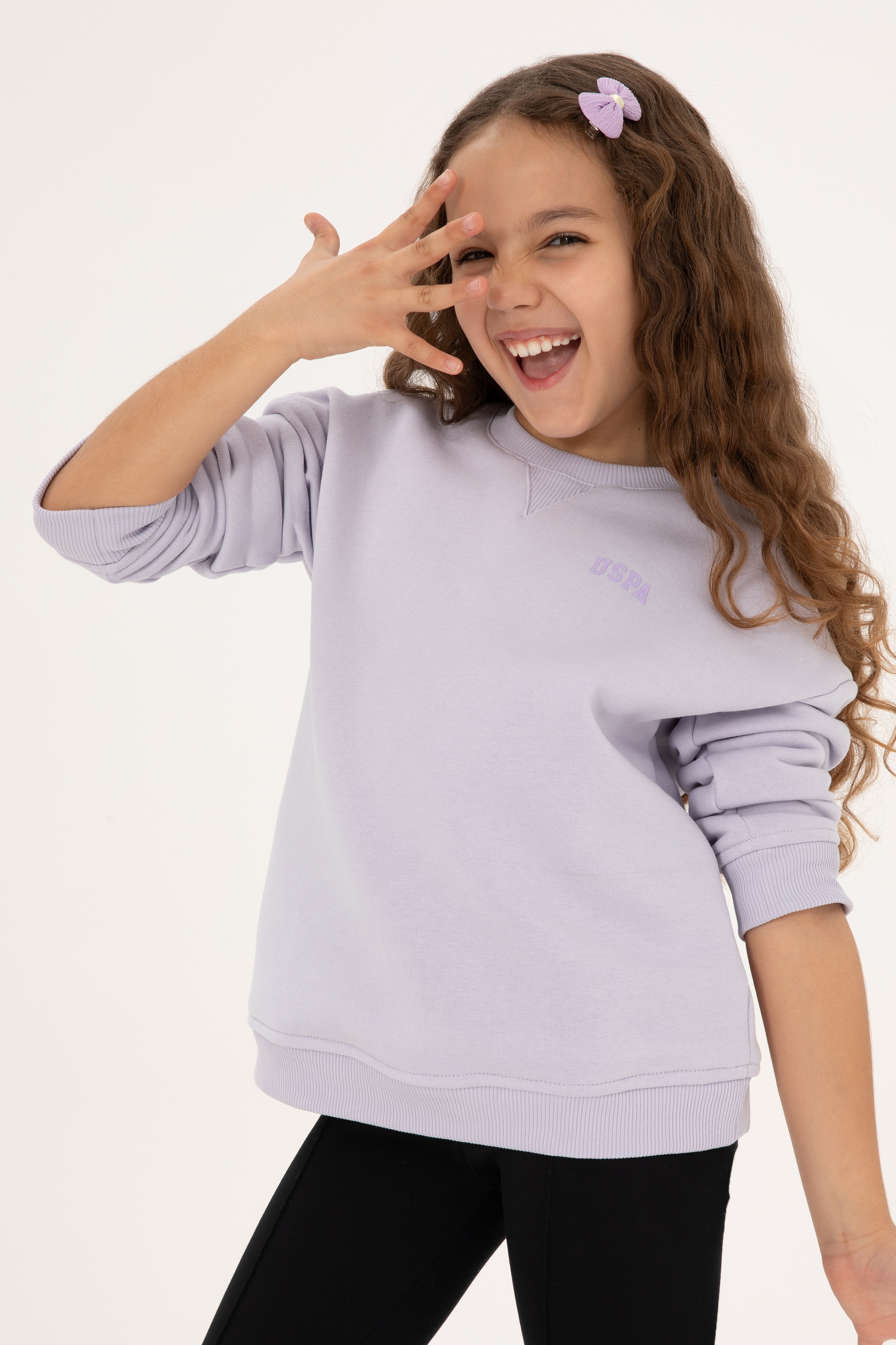 Kız Çocuk Lila Şardonlu Bisiklet Yaka Basic Sweatshirt - Image 1