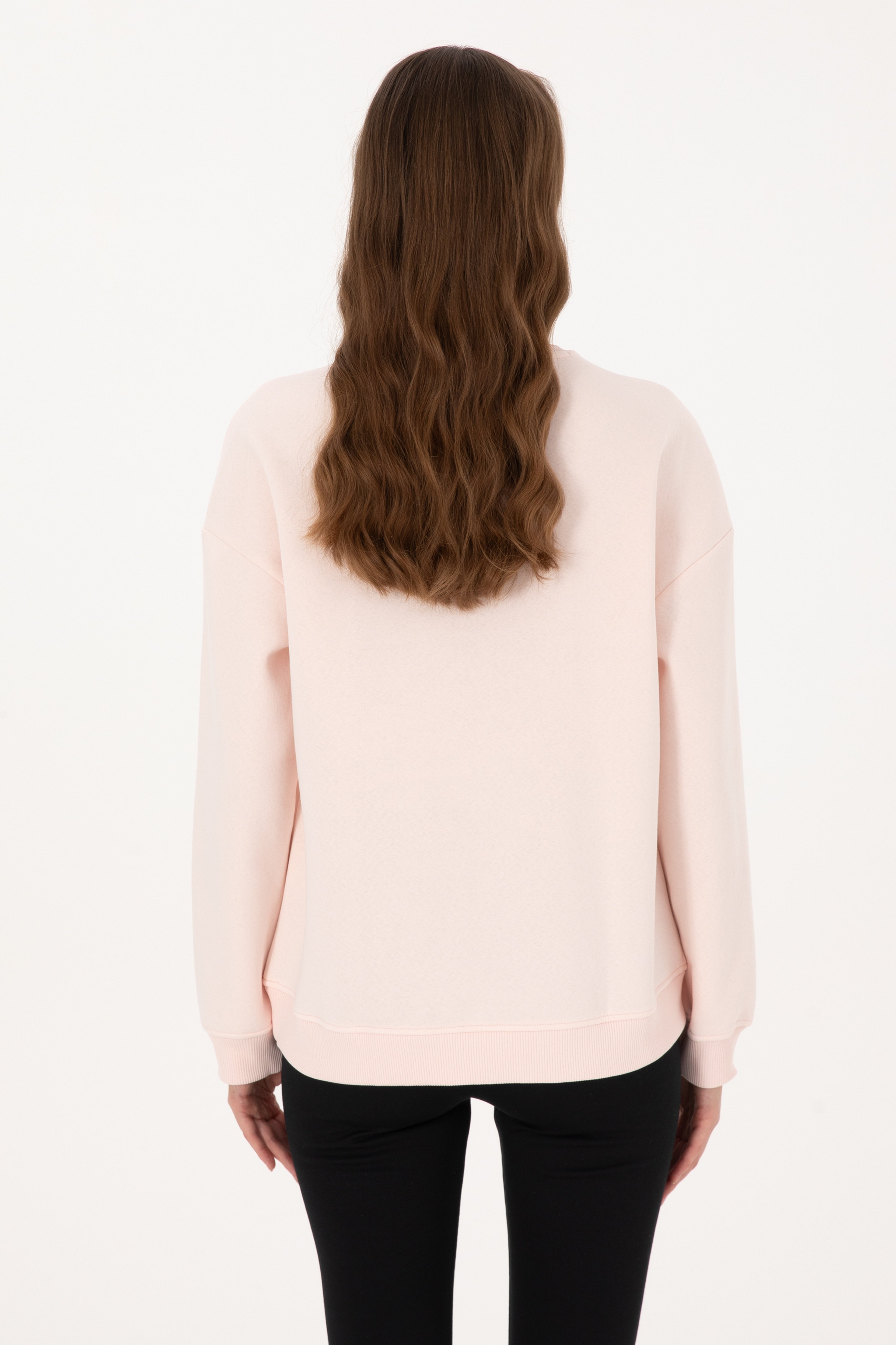 Kadın Açık Pembe Şardonlu Bisiklet Yaka Basic Sweatshırt