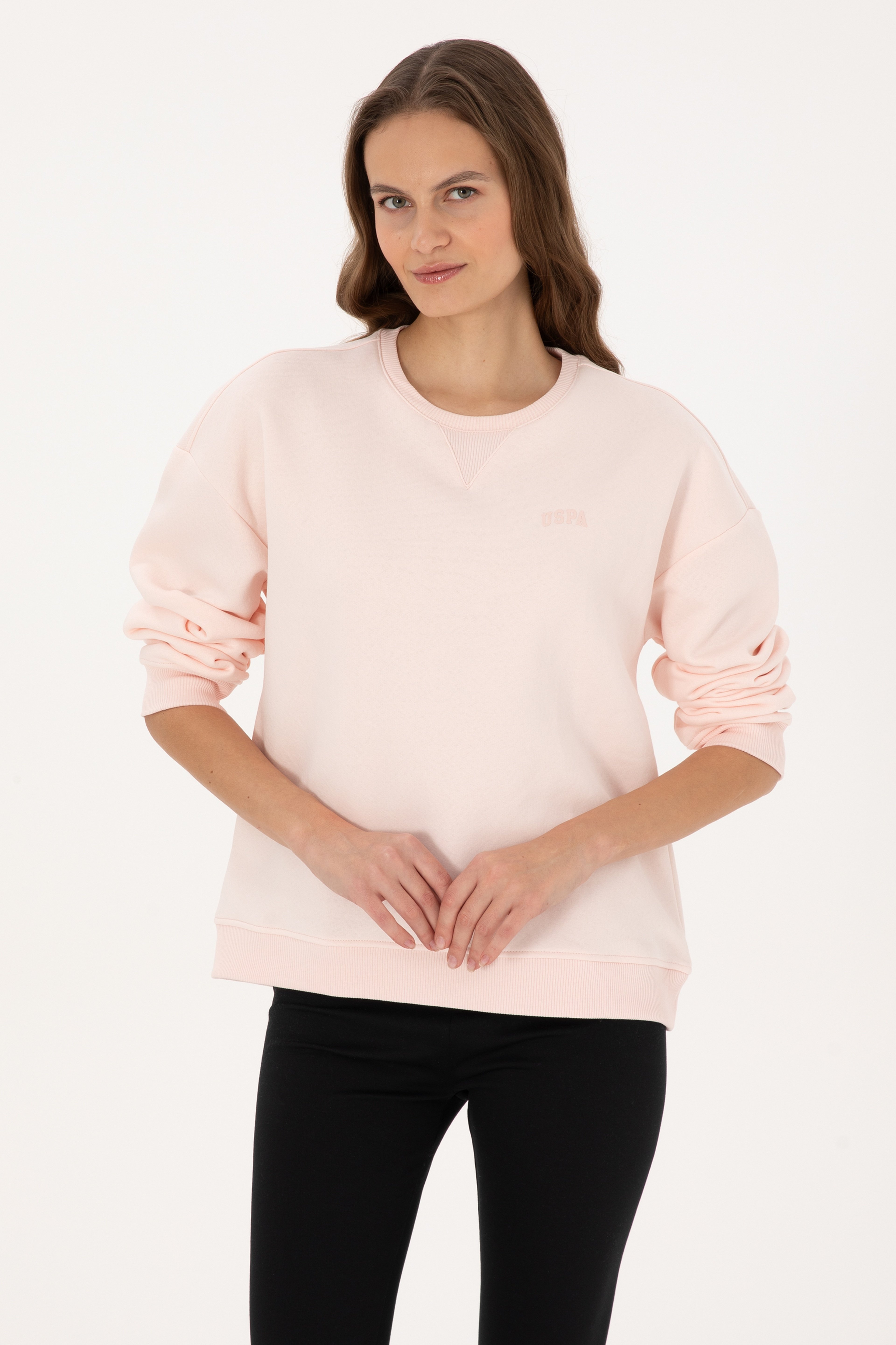 Kadın Açık Pembe Şardonlu Bisiklet Yaka Basic Sweatshırt - Image 1