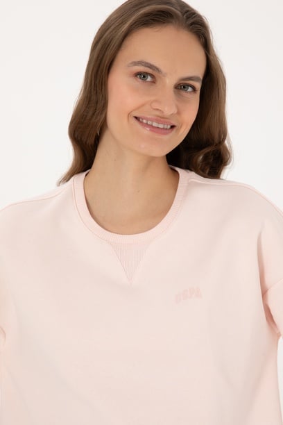 Kadın Açık Pembe Şardonlu Bisiklet Yaka Basic Sweatshırt