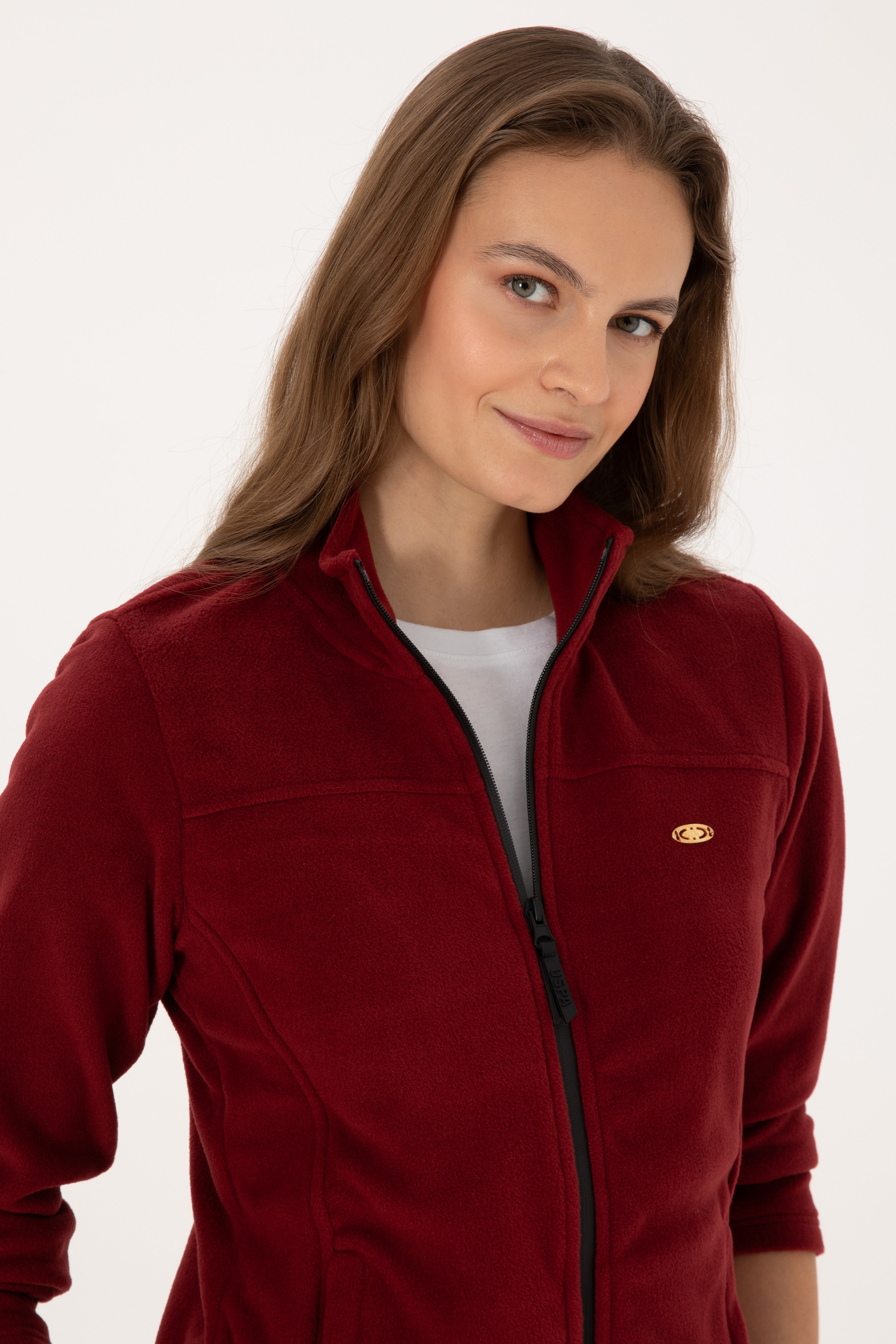 Kadın Bordo Fermuarlı Dik Yaka Polar Sweatshirt - Image 2
