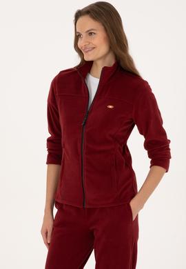 Kadın Bordo Fermuarlı Dik Yaka Polar Sweatshirt - 50316729072