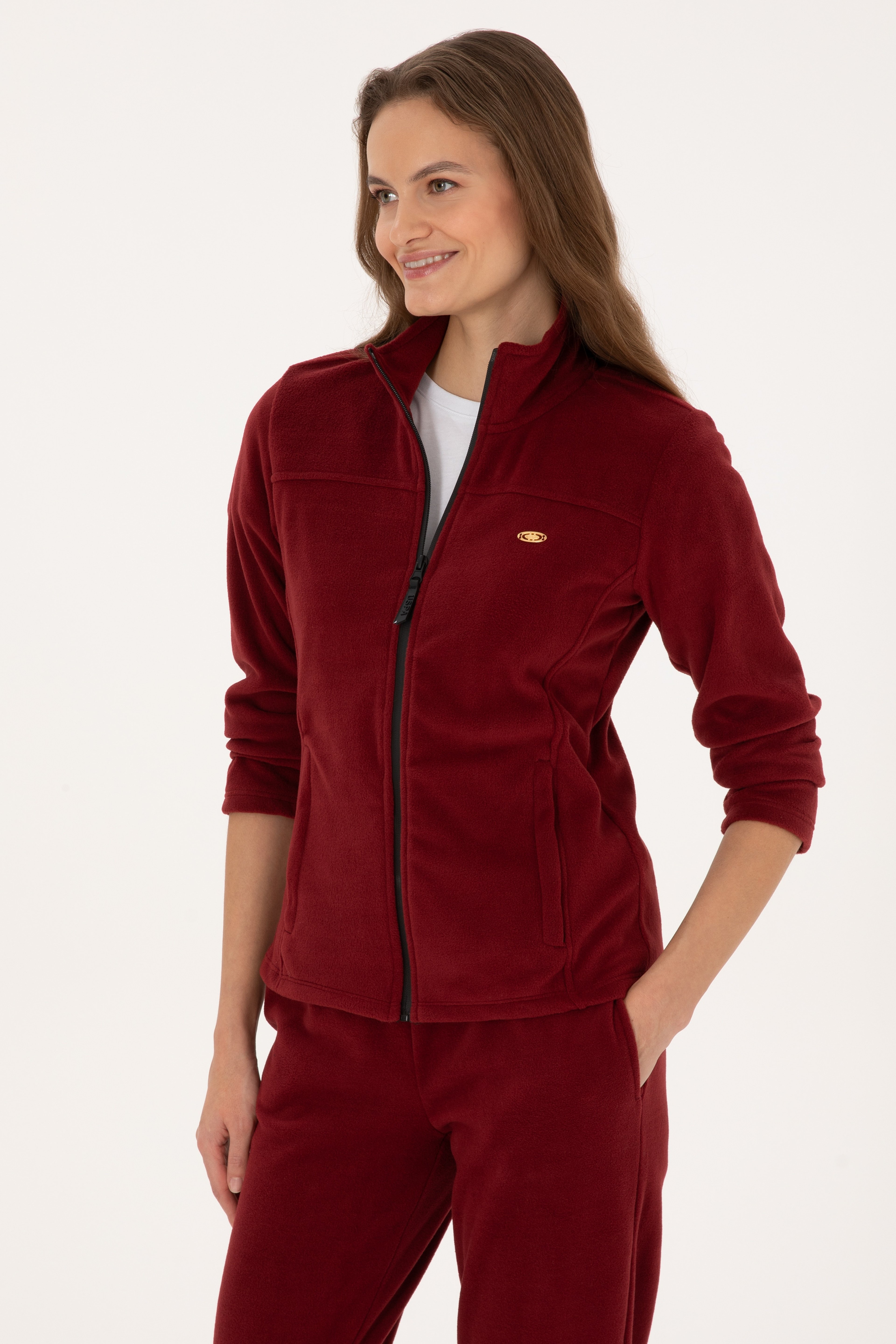 Kadın Bordo Fermuarlı Dik Yaka Polar Sweatshirt - Image 1