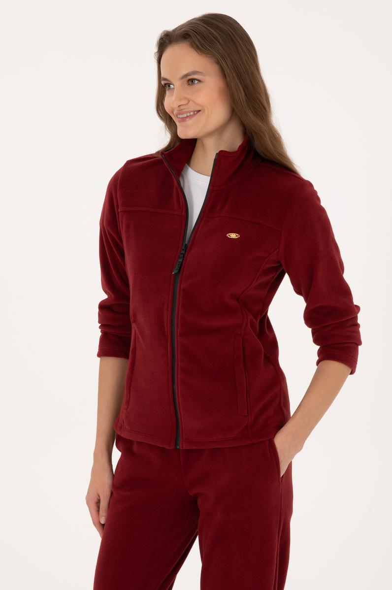 Kadın Bordo Fermuarlı Dik Yaka Polar Sweatshirt