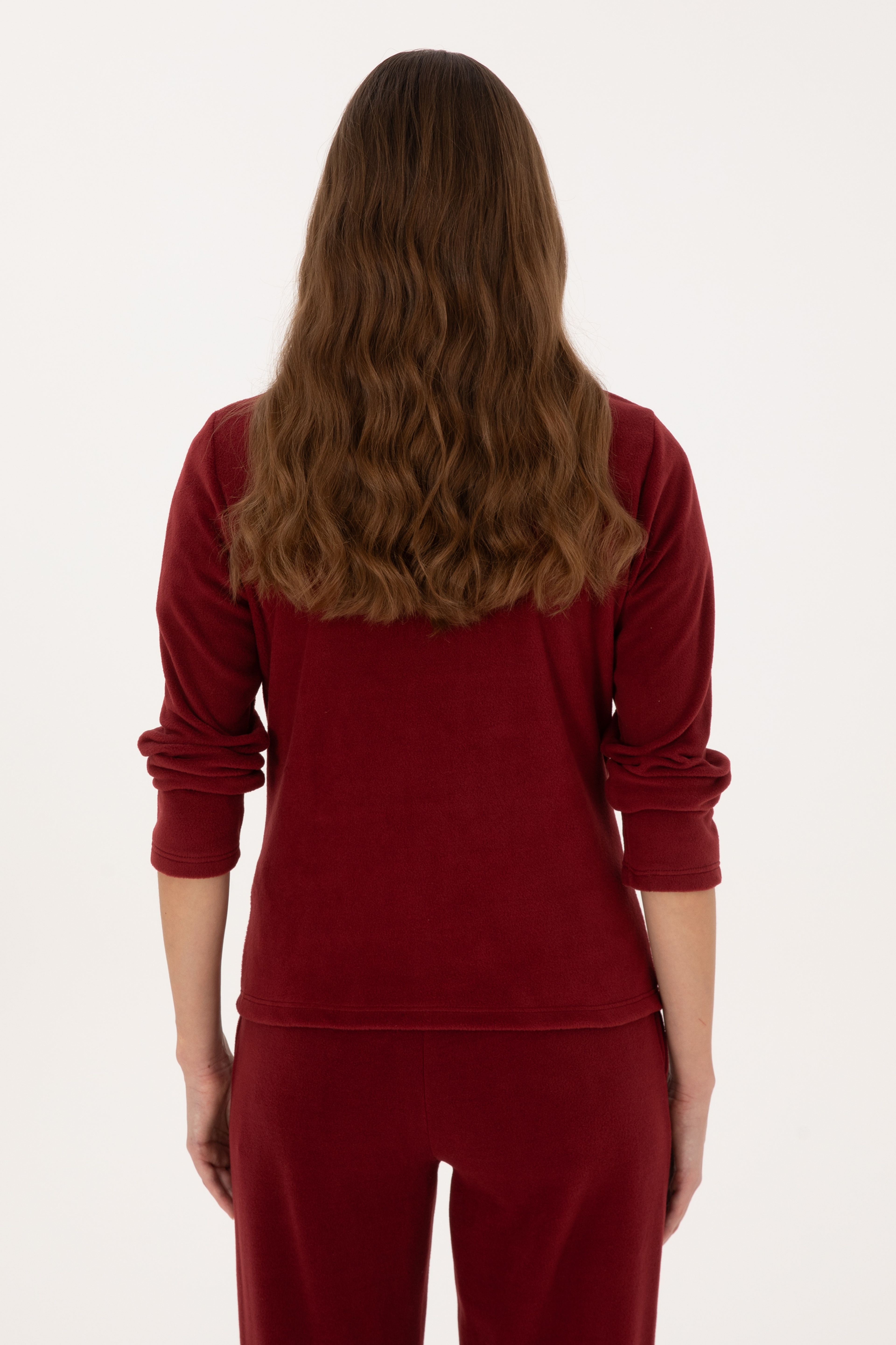 Kadın Bordo Fermuarlı Dik Yaka Polar Sweatshirt - Image 5