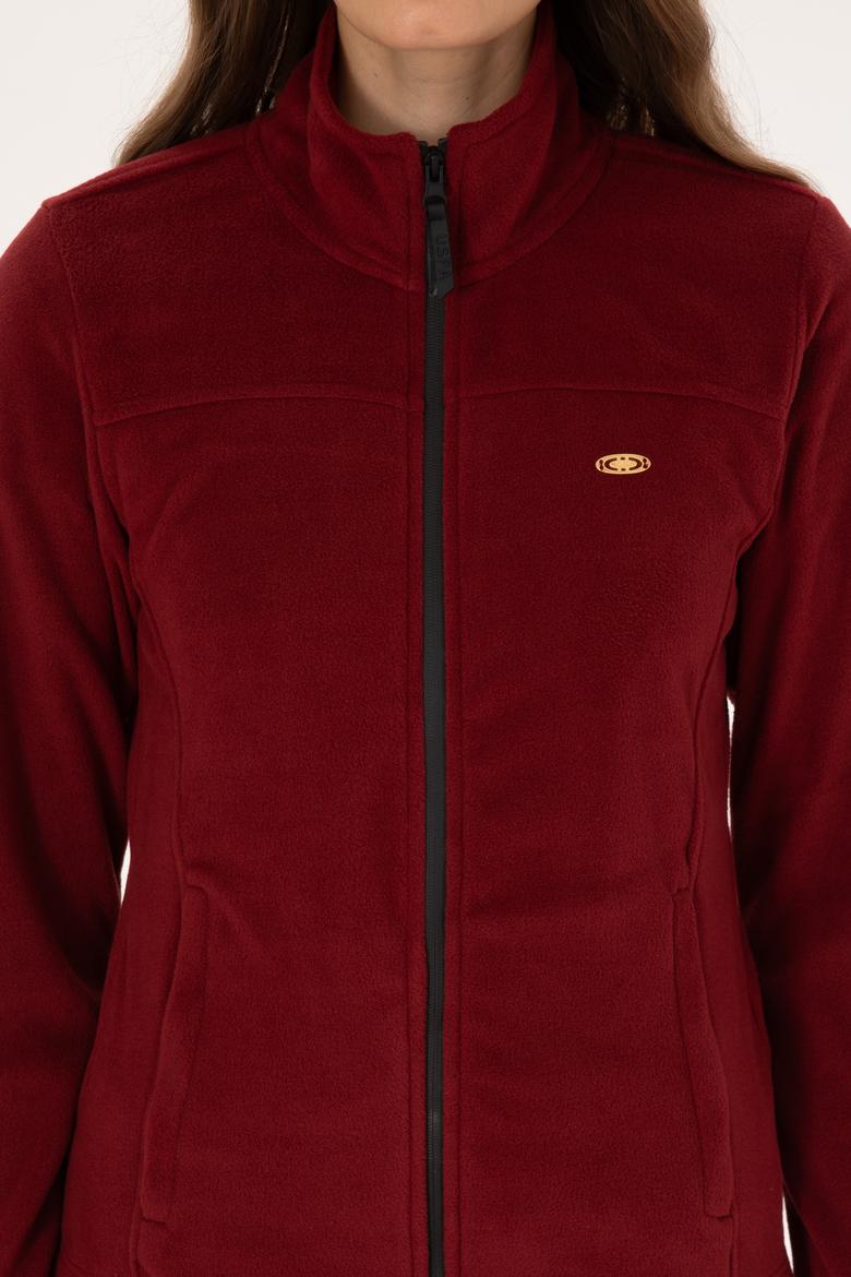 Kadın Bordo Fermuarlı Dik Yaka Polar Sweatshirt - 50316729072