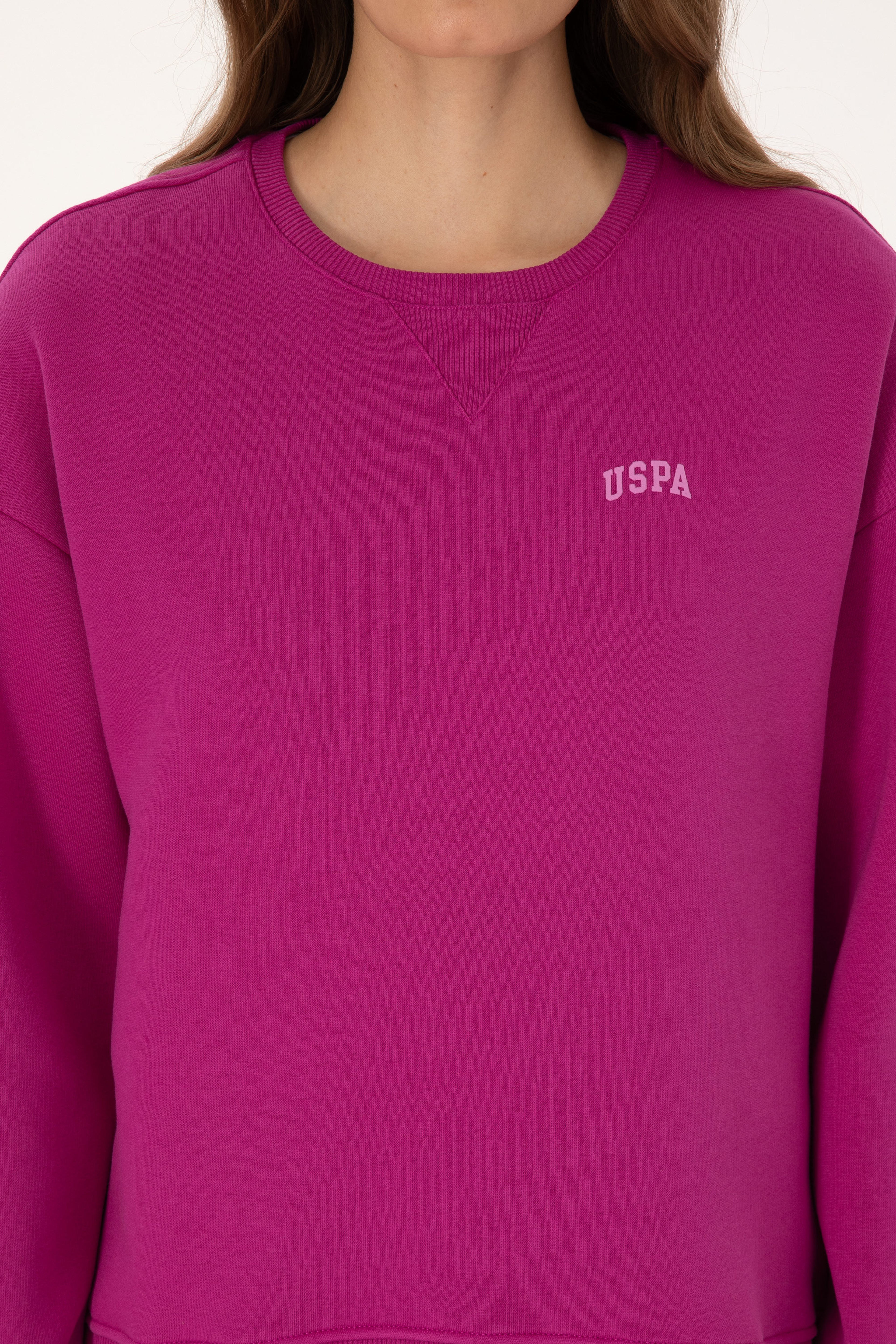 Kadın Fuşya Şardonlu Bisiklet Yaka Basic Sweatshırt - Image 6