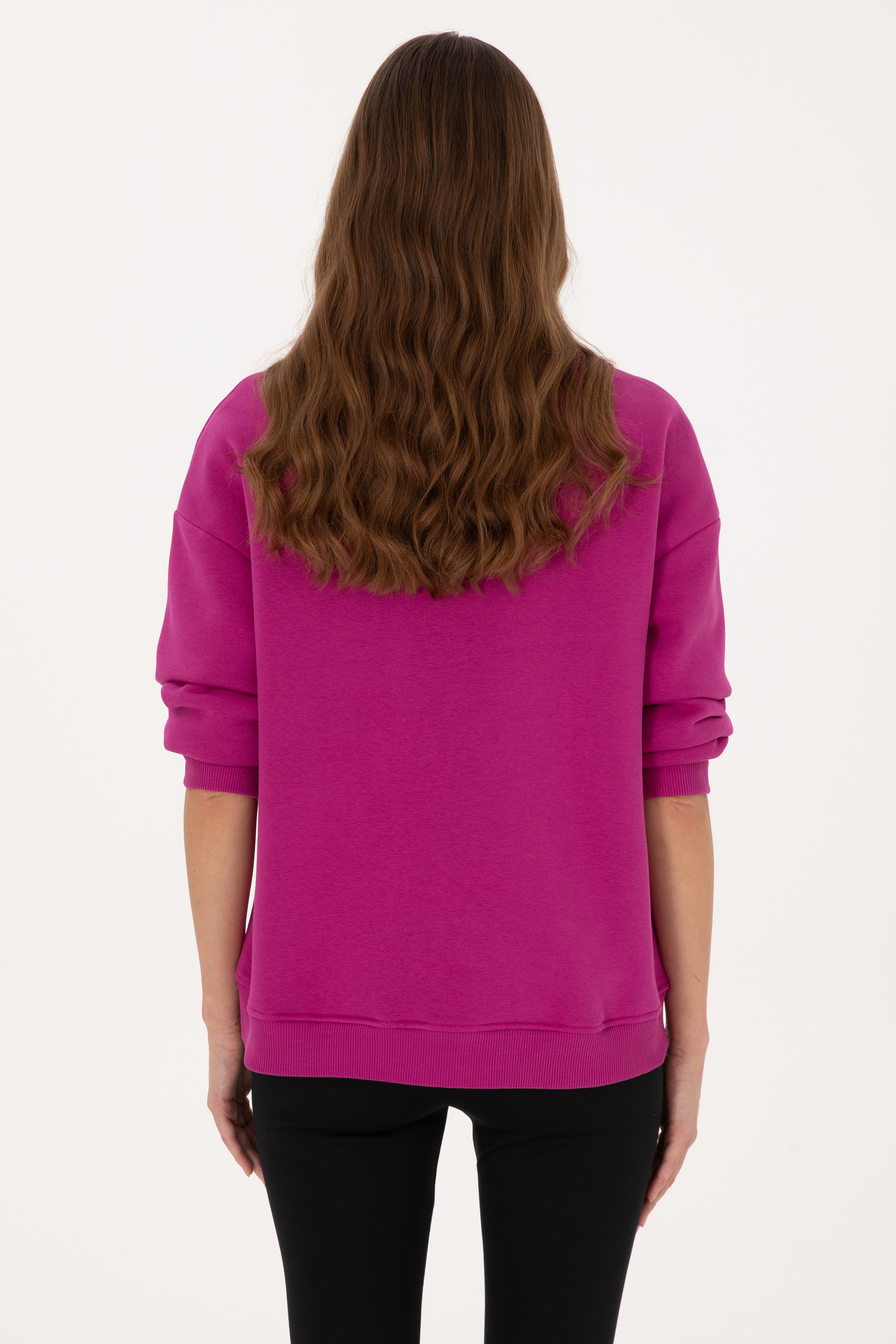 Kadın Fuşya Şardonlu Bisiklet Yaka Basic Sweatshırt - Image 5