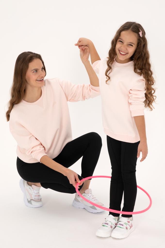 Kız Çocuk Açık Pembe Şardonlu Bisiklet Yaka Basic Sweatshirt
