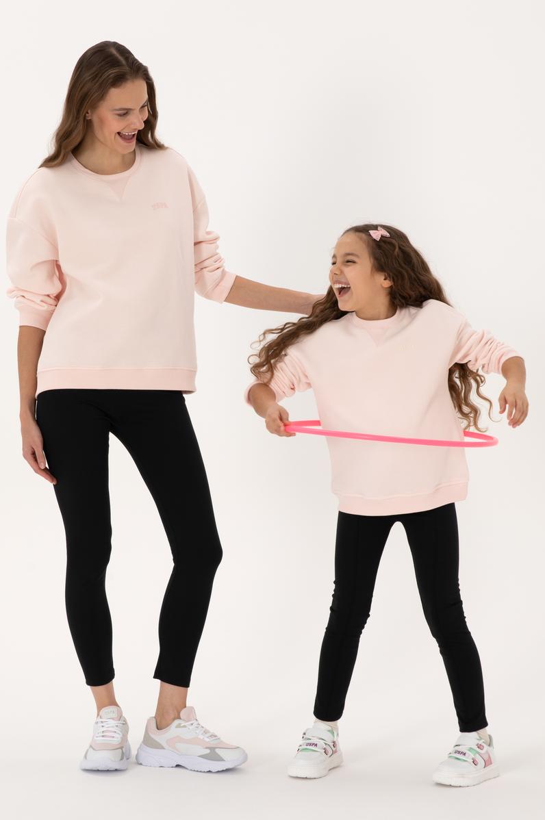 Kız Çocuk Açık Pembe Şardonlu Bisiklet Yaka Basic Sweatshirt
