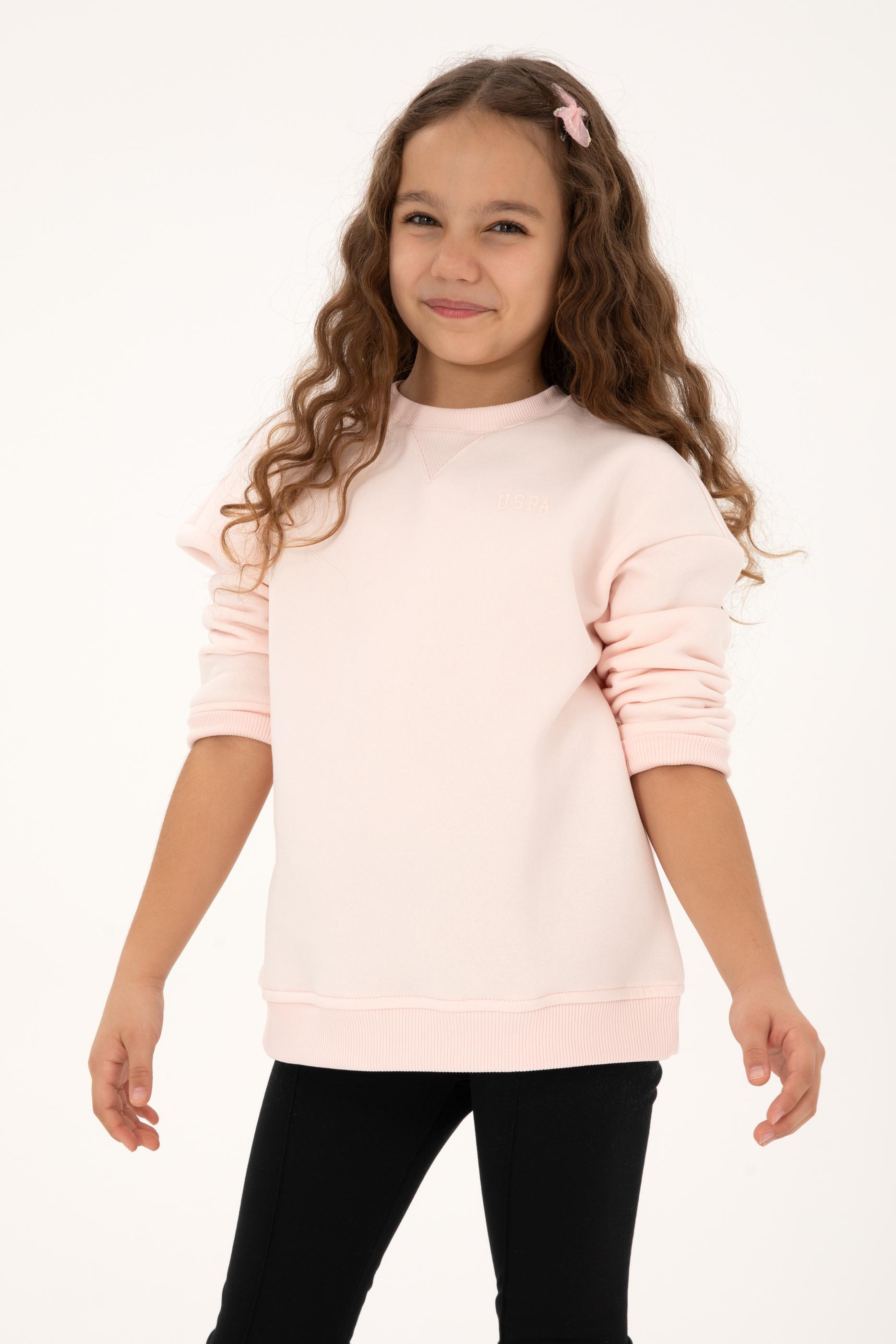 Kız Çocuk Açık Pembe Şardonlu Bisiklet Yaka Basic Sweatshirt