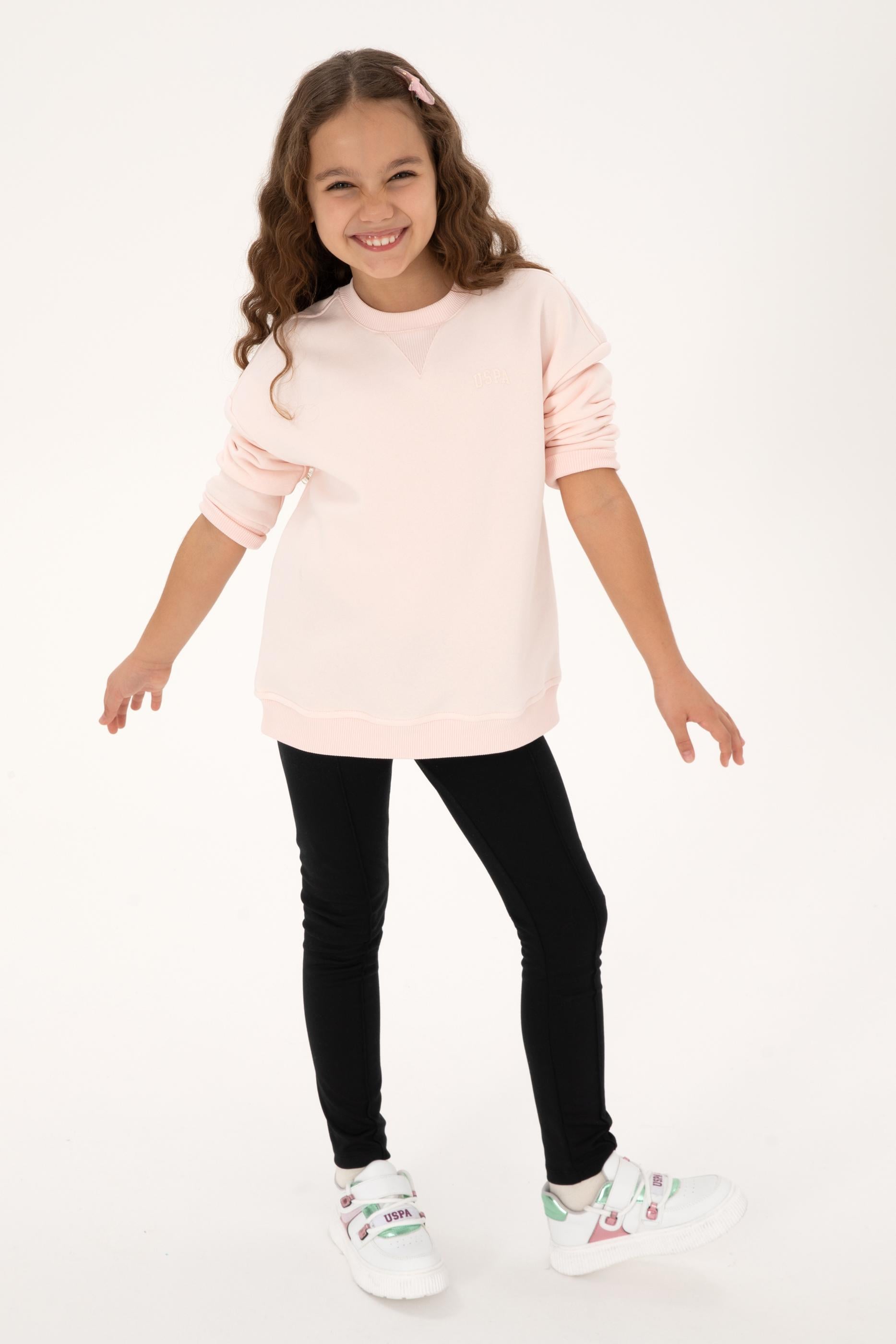 Kız Çocuk Açık Pembe Şardonlu Bisiklet Yaka Basic Sweatshirt