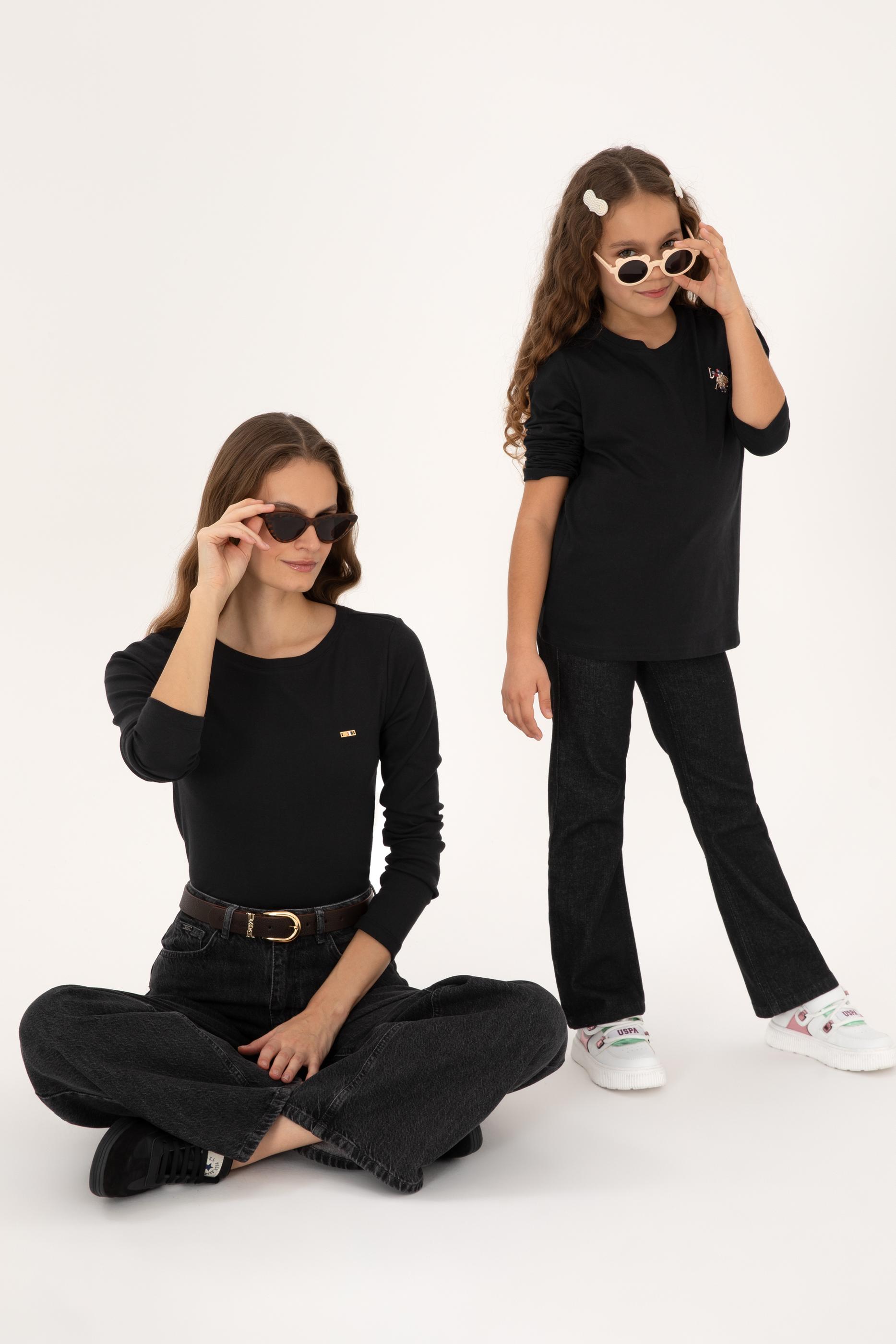 Kız Çocuk Siyah Bisiklet Yaka Basic Sweatshirt